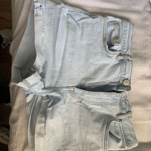 High waisted light wash jean shorts
